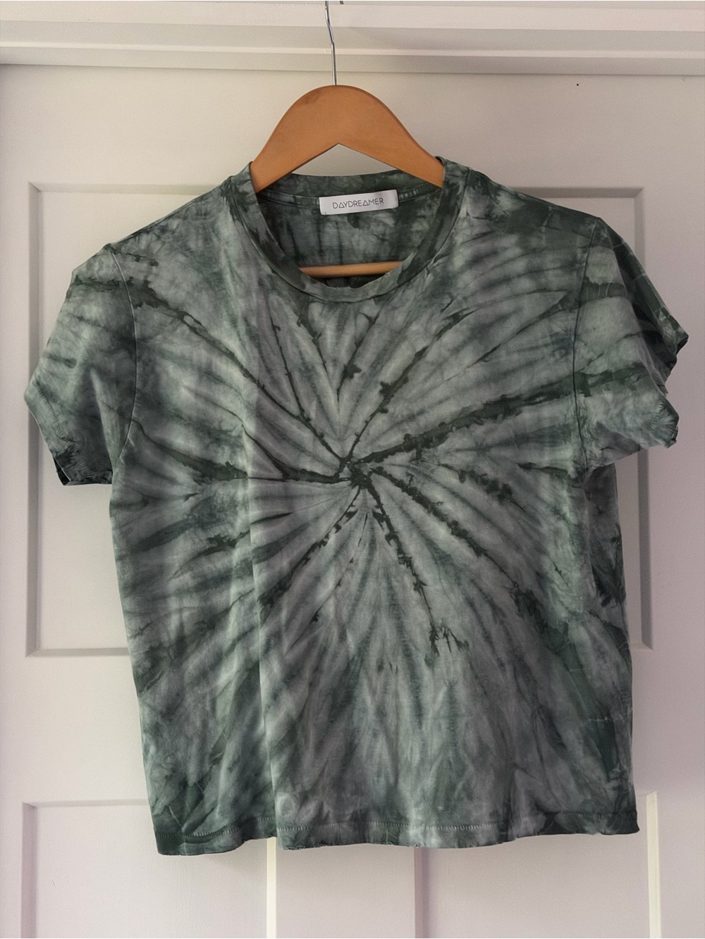 Daydreamer LA Olive Green Tie Dye Cropped Baby Tee Size S Made in USA
